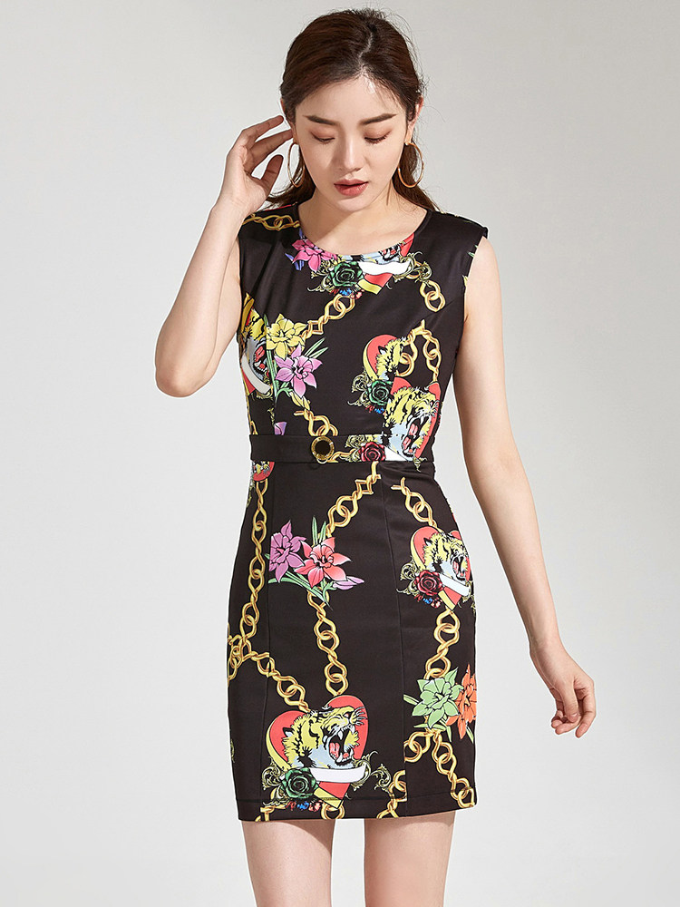 Clearance purchase#9 charm high-end 0A0003 contrast floral pattern sleeveless slim dress women's summer