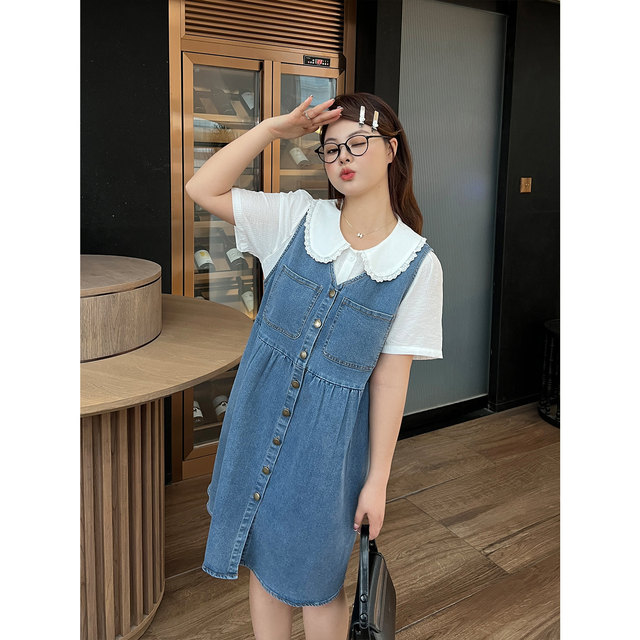 DM100 plus size 100% women's summer little fat mm doll shirt denim vest skirt