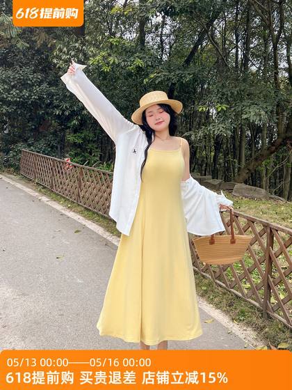 DM100大码百分百2025春夏新款女装长款a字胖mm收腰针织吊带连衣裙