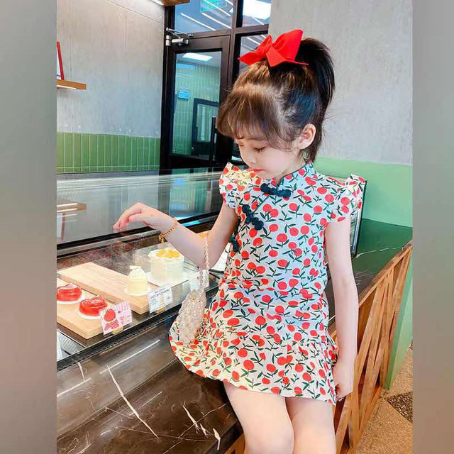 Girls Chinese style foreign style small flying sleeve cheongsam 2022 summer new children's sweet princess style short-sleeved dress