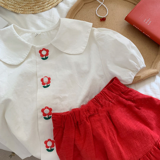 Girls summer suit 2022 new foreign style fashionable baby girl short-sleeved shirt irregular culottes two-piece cotton