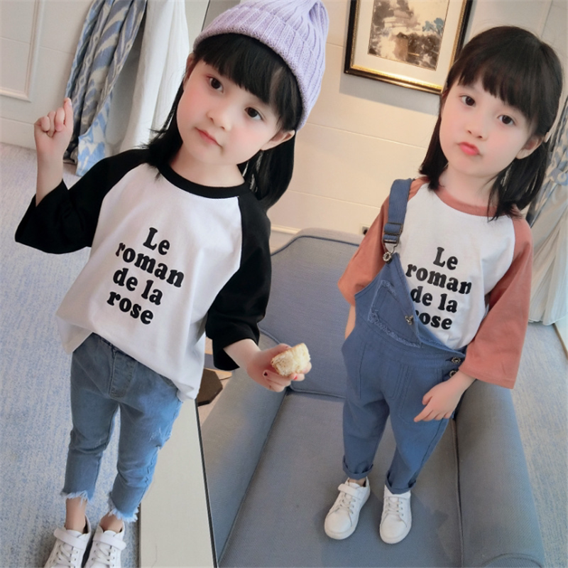 2021 autumn new Korean version of the girl alphabet printing raglan sleeve round neck pullover long sleeve T-shirt children's top