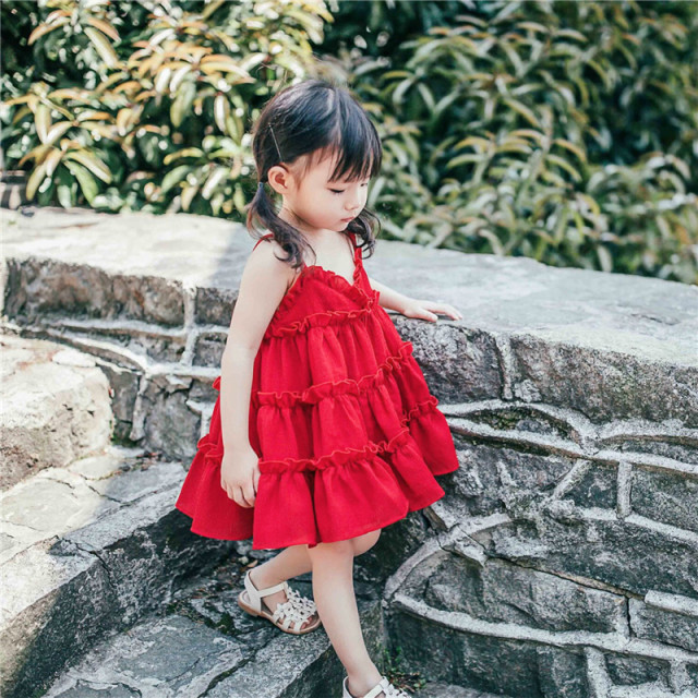 Girls dress summer dress 2022 new little girl chiffon beach princess suspender skirt girl baby red skirt