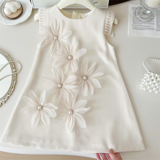 夏季新款韩版女童立体花朵百褶裙小女孩飞袖长裙高级感气质连衣裙