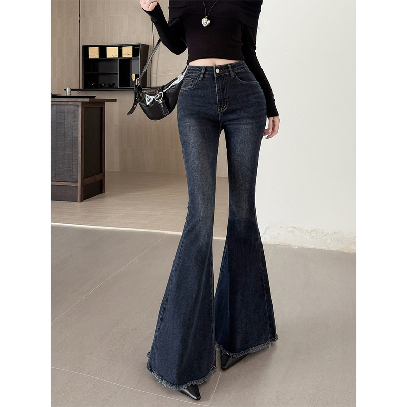 American Retro Dark Blue Frayed Flared Jeans for Women 2026 High-Waisted Slim Long-Leg Slimming Wide-Leg Denim Pants Thin