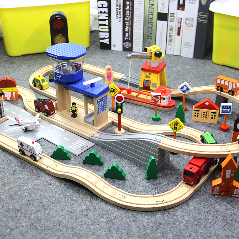 Magnetic wood railcar suit track building blocks assembled children's toys compatible with electric rice rabbit Xiaomi brio head