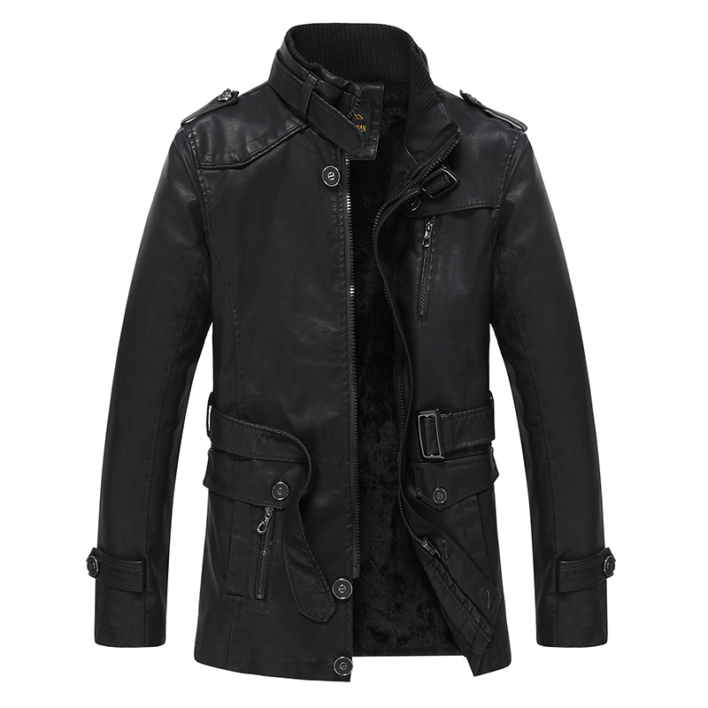 Winter Motorcycle Jacket with Stand Collar, Leather Jacket with Fleece Lining, Thickened Men's Leather and Fur Integrated Leather Trench Coat, Mid-Length Trendy Coat