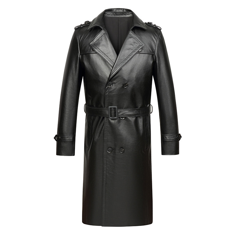 Haining Genuine Leather Men's Double-Breasted Top-Layer Cowhide Trench Coat, Long Over-The-Knee Belted Suit Jacket, Plus-Size Coat