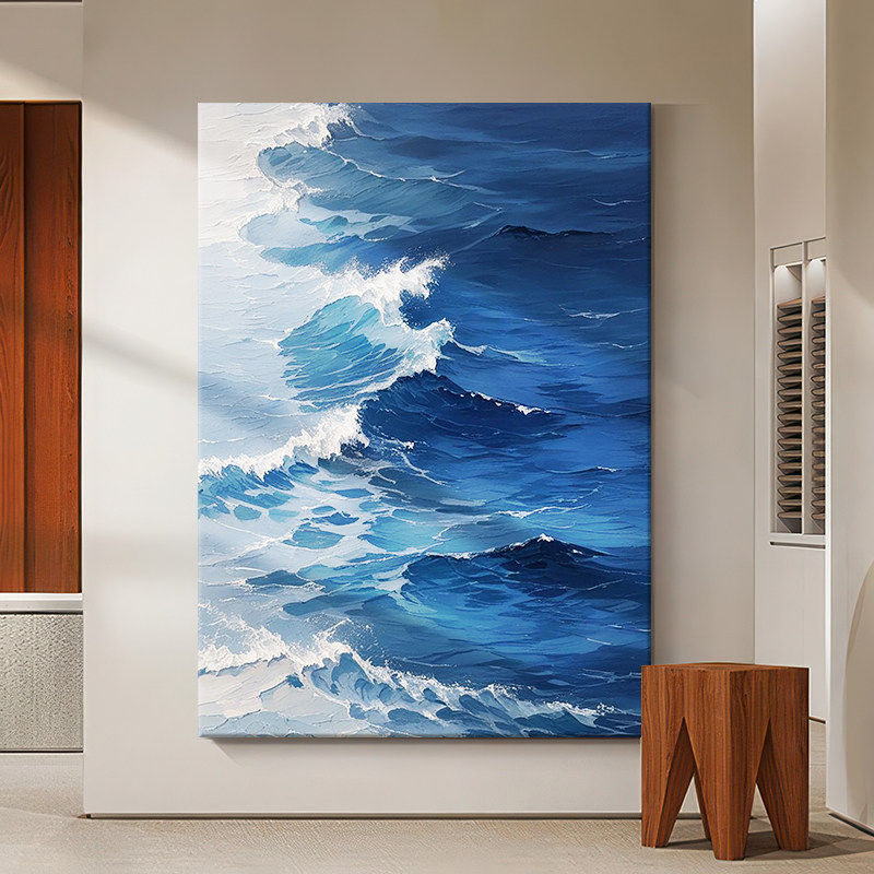 Italian-Style Minimalist Living Room Wall Art, Light Luxury and High-End Abstract Art, Entrance Decoration Painting, Hand-Painted Oil Painting of Ocean Waves