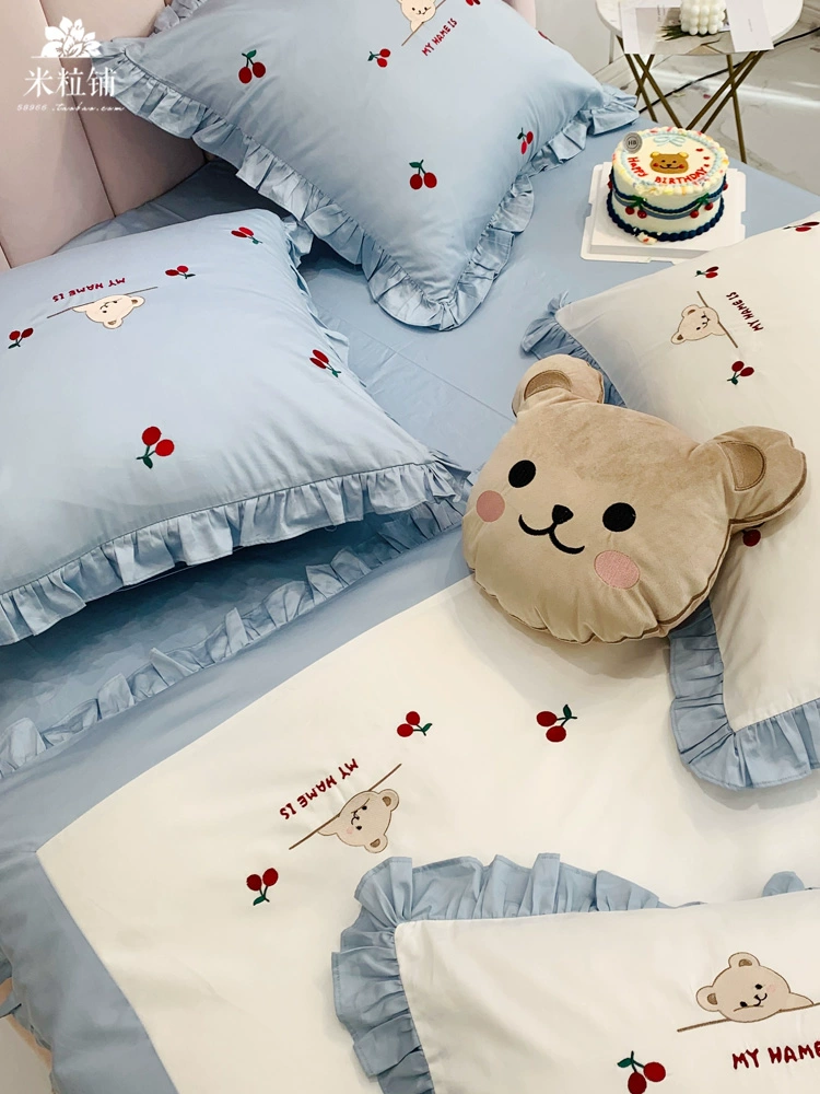 Siêu dễ thương bông bốn mảnh bông tinh khiết cô gái trái tim kawaii gấu thêu chăn chăn trải giường bằng bông ghim dài - Bộ đồ giường bốn mảnh