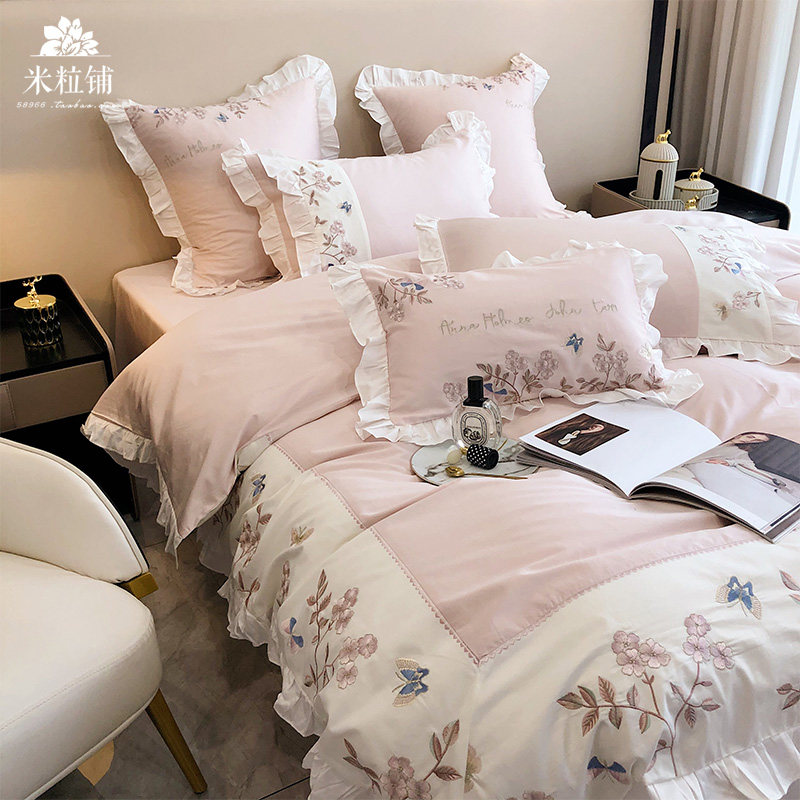 Field Garden Wind Girl Hearts 120 Long Suede Cotton Four Pieces Full Tampon Satin Quilt Cover Embroidered Public Main Wind Bed Supplies