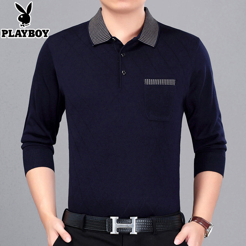 Playboy men's long-sleeved T-shirt middle-aged men's spring and autumn thin section dad wear middle-aged and elderly bottoming shirt top clothes