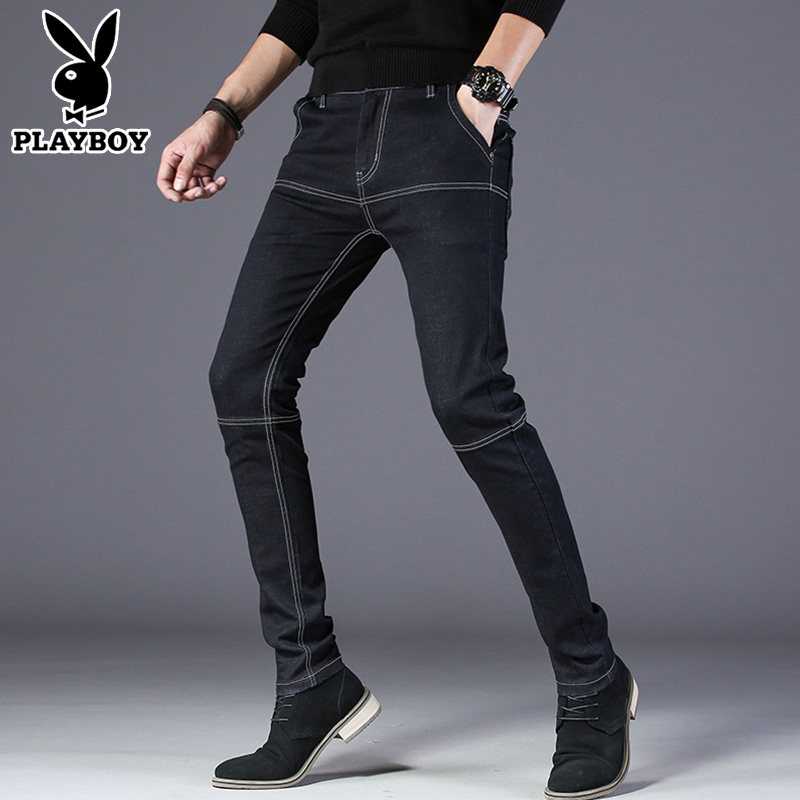 Playboy Men's Jeans Slim Fit Small Foot Trend Straight Black Stretch Spring and Autumn Tide Brand Casual Long Pants