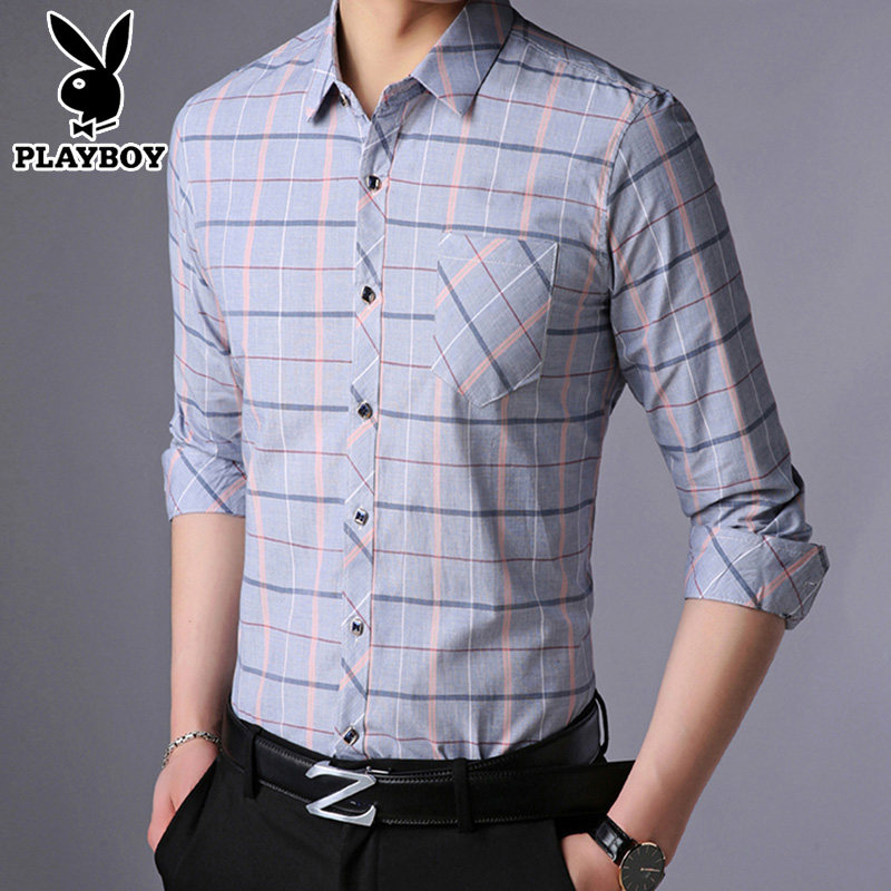 Flowers Playboy Spring Autumn Long Sleeve Shirt Mid Youth Men's Pure Cotton Plaid Thin Section Business Casual Free Ironing Shirt Tide