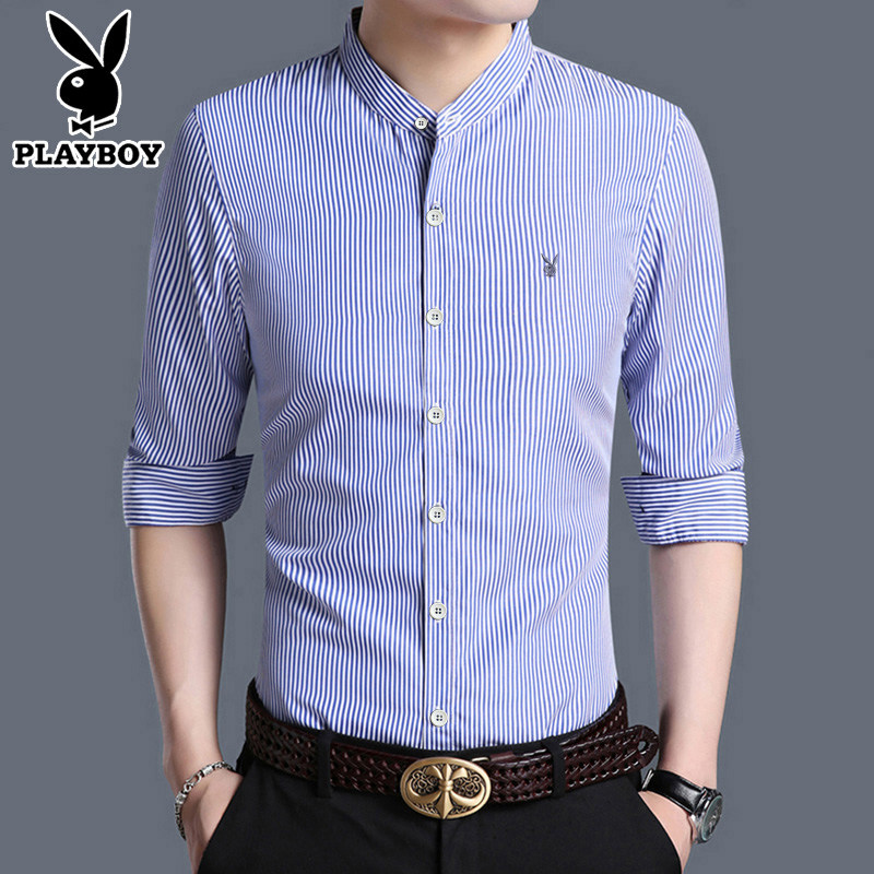Playboy Long Sleeve Shirt Men's Stand Collar Slim Striped Shirt Spring Youth Men's Fashion Top Trend