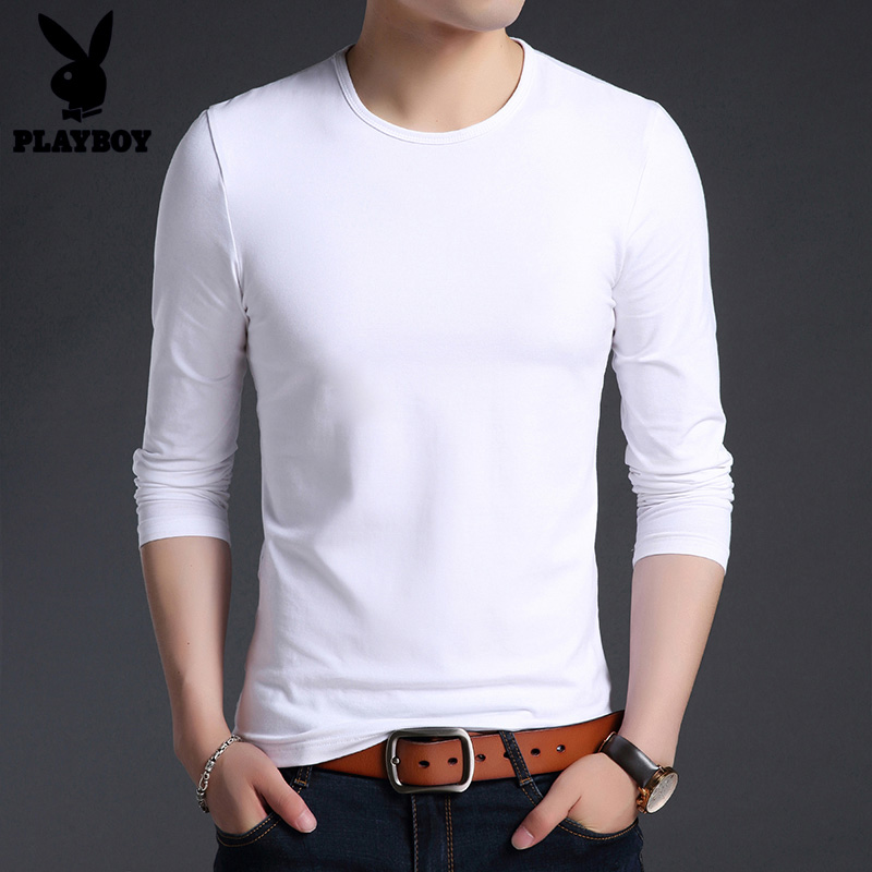 Playboy long-sleeved T-shirt men's cotton thin round neck inner autumn clothes loose white men's bottoming shirt autumn clothes