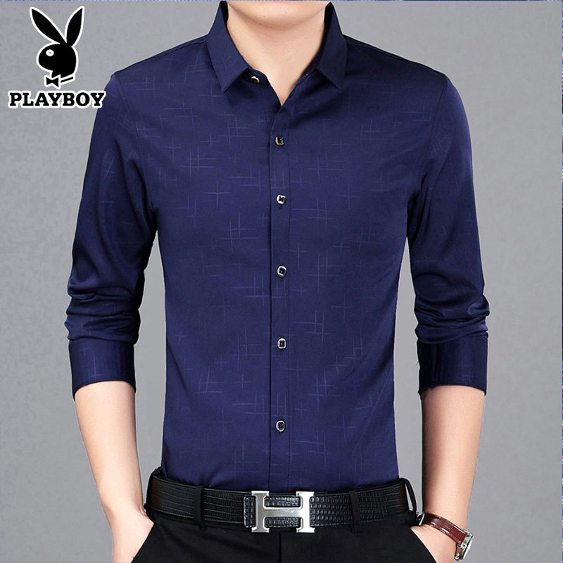 Playboy long sleeve shirt men Business casual plaid 2021 Autumn New thin middle-aged non-iron shirt