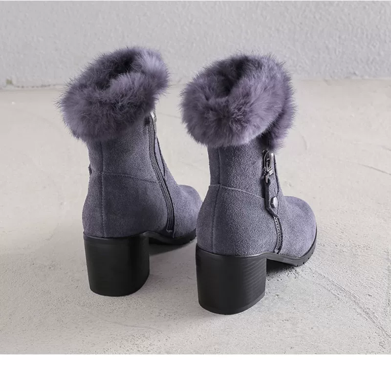 2019 mùa đông mới retro da thỏ lông thỏ Martin giày cao gót giày tuyết giày cao gót ngắn giày đinh tán ấm áp nữ - Giày ống