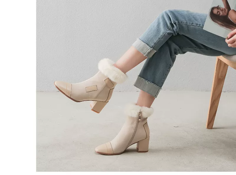 Mùa đông 2019 phiên bản Hàn Quốc giày da dày gót dày Martin boots lông thỏ bốt ngắn bốt bị thương cộng với bốt cashmere ủng tuyết trẻ em - Giày ống