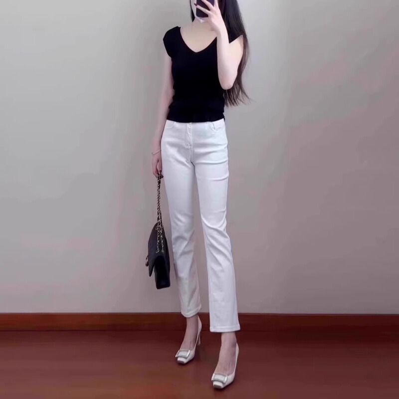 Thin Summer White Cigarette Straight-Leg Jeans for Small Women 150cm Stretch High Waist Slimming Eighty-Point Pants Thin Summer White Cigarette Straight-Leg Jeans for Small Women 150cm Stretch High Waist Slimming Eighty-Point Pants