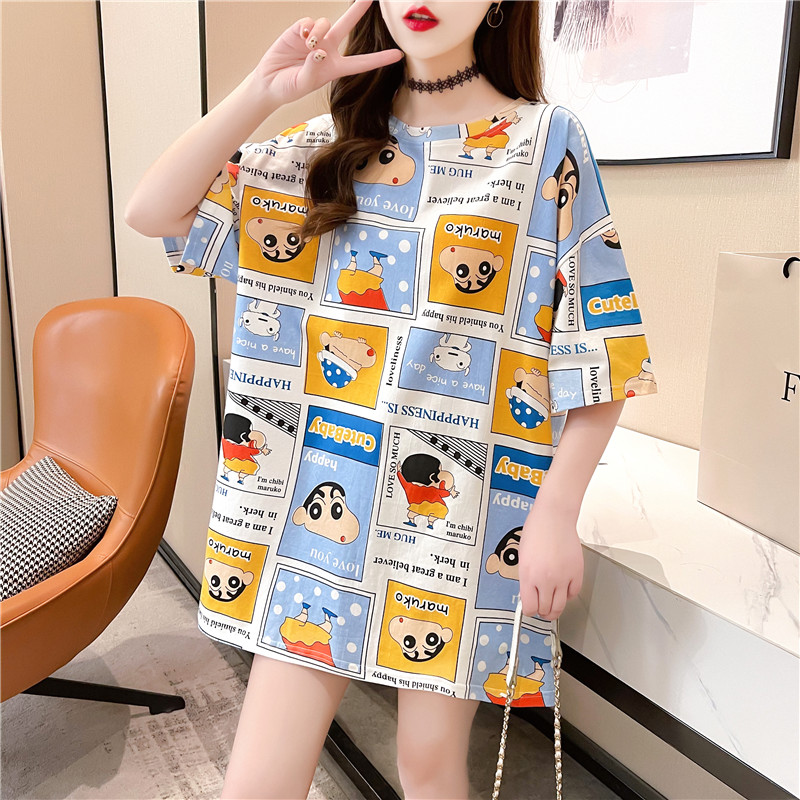 Real shot spring and summer super hot short sleeve t-shirt female couple cartoon crayon small new print loose large size top