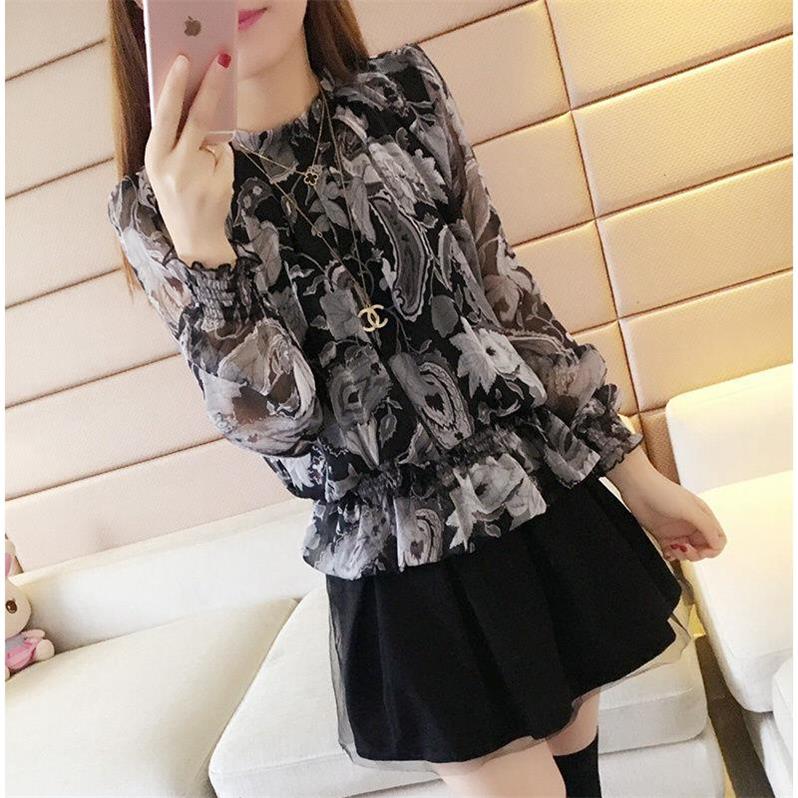 New spring dress Korean women's long sleeve stand collar printed chiffon shirt with fashionable waistband