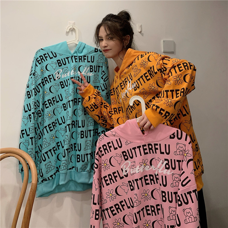 Real shot 2020 new lazy thin letter printed loose hooded sweater for women