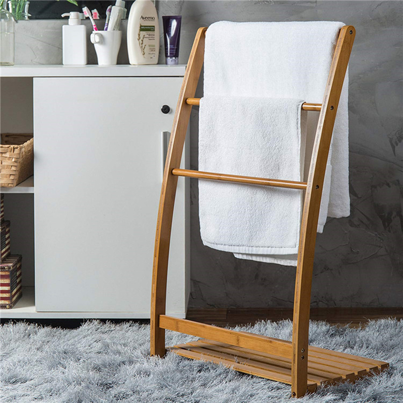 Nordic non-perforated bathroom towel rack Bamboo and wood floor towel rack Light luxury powder room bathroom storage rack