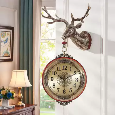 European-style American light luxury creative alloy deer head wall-mounted clock double-sided wall clock Hotel living room model room pendant