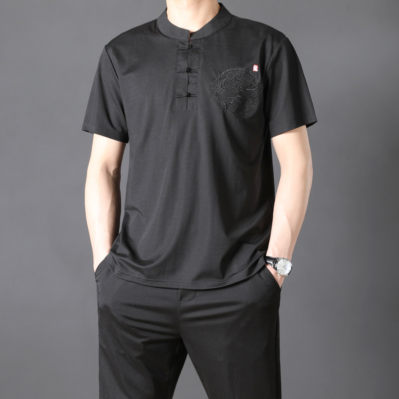 High-end Chinese style panlong embroidery buckle dad summer sports suit two-piece thin men's casual suit