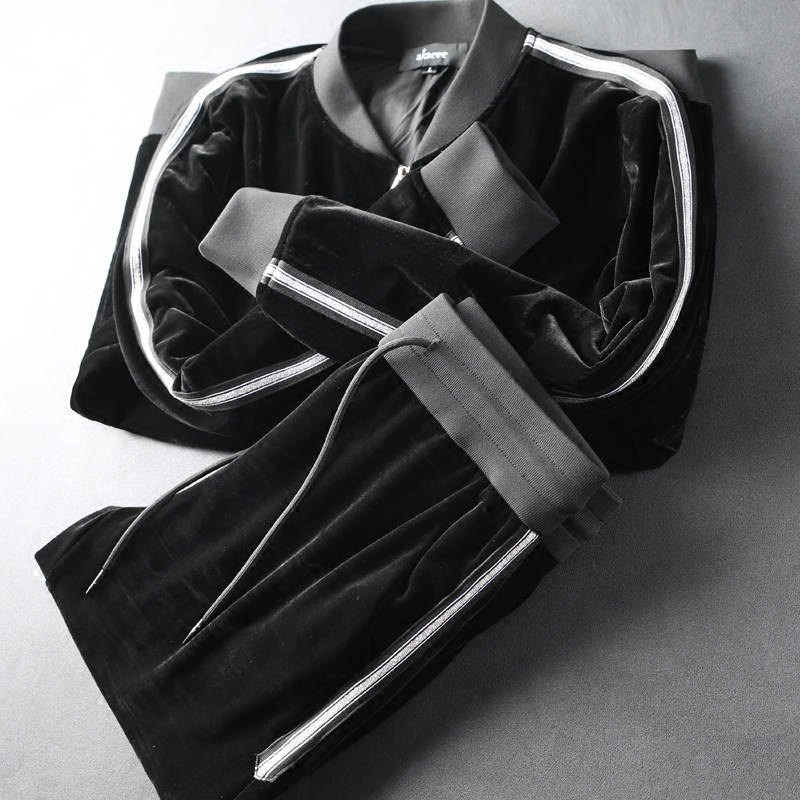 Autumn winter plus suede thickened soft gold velvet cardiovert thick cotton T loose men's casual sports suit Two sets