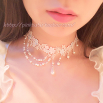 Pale blue pink asymmetric lace pearl pendant multi-layer princess wind necklace