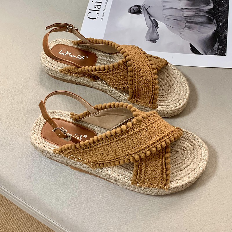 Meme Thick-Soled Woven Fisherman Sandals for Women, New Summer Flat-Soled Shoes for Sanya Travel and Vacation, Niche French-Style Roman Shoes