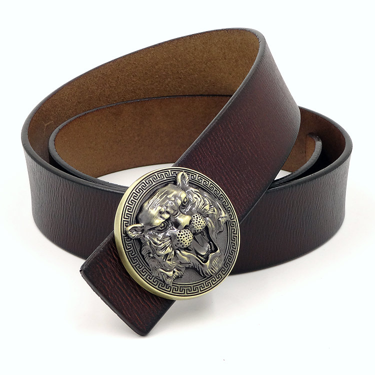 Round Buckle Old Tiger Head Men Belt Genuine Leather Smooth Buckle Youth Individuality Han Edition Tide Men's Bull Leather Jeans Pants Belts