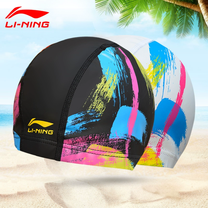 Li Ning mũ bơi dành cho người lớn nam và nữ tóc dài bảo vệ tai không thấm nước mũ bơi lớn lớp phủ PU in thời trang - Mũ bơi