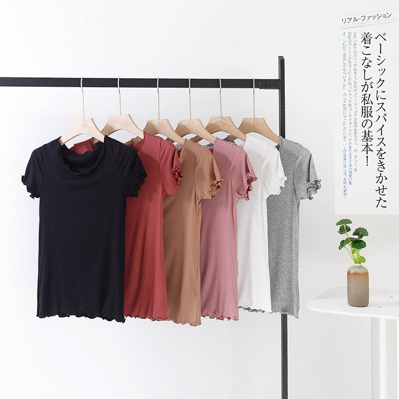 2021 Summer version Korean version Modale Ice Silk Agaric Side Short Sleeve Pure Color T-shirt Woman Thin-shirt 100 hitch blouse