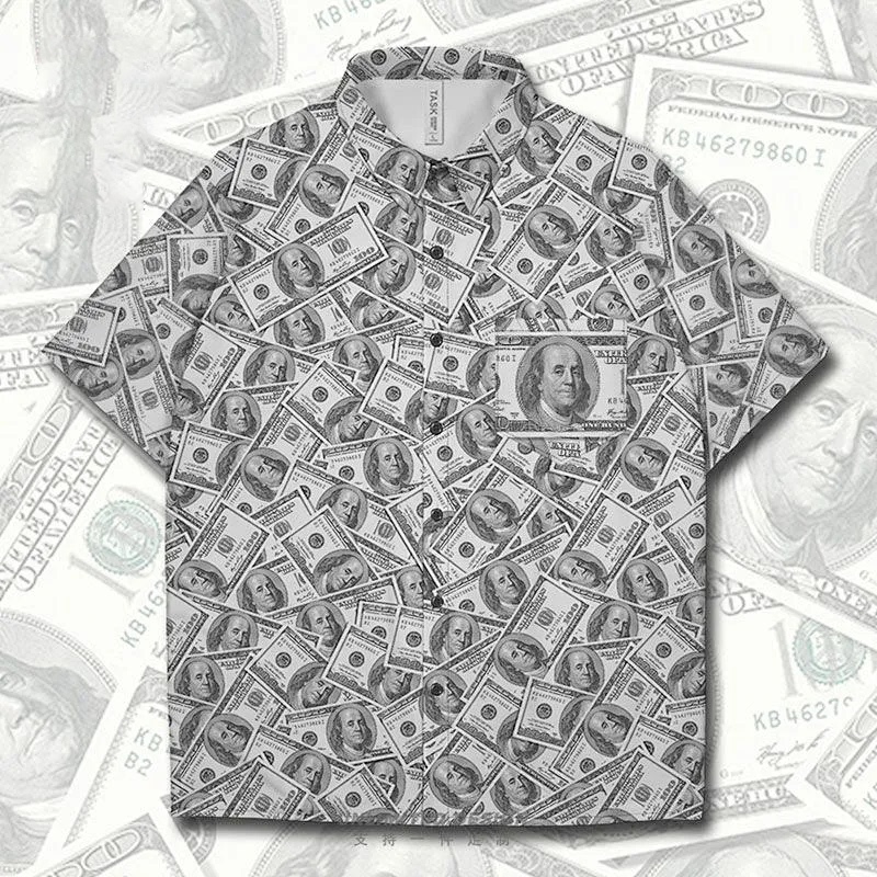 Summer Trendy Brand Short-Sleeve Shirts with Dollar Bill Money Currency Pattern All over Print for Men and Women, Get-Rich-Quick Shirts, Summer Wear