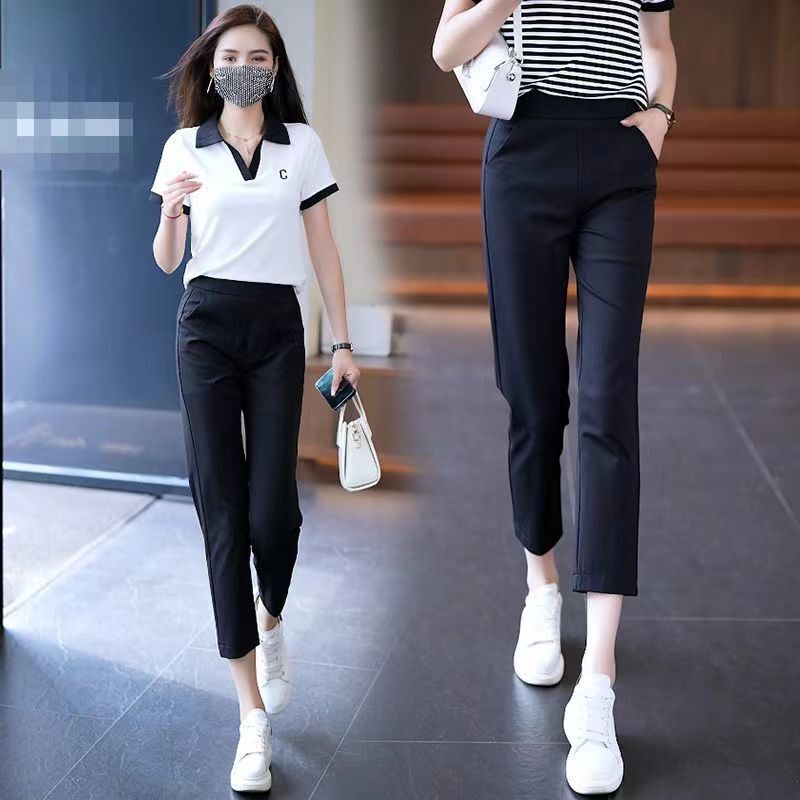 Summer Cigarette Pants for Petite Women, Cropped Pants, 2026 Thin High-Waisted Slimming Casual Nine-Point Pants with Elastic Waist for Sports