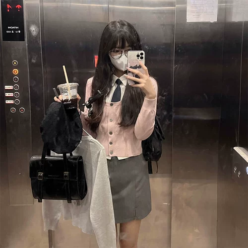 Японская корейская приталенная студенческая юбка в складку, корсет, кардиган, комплект