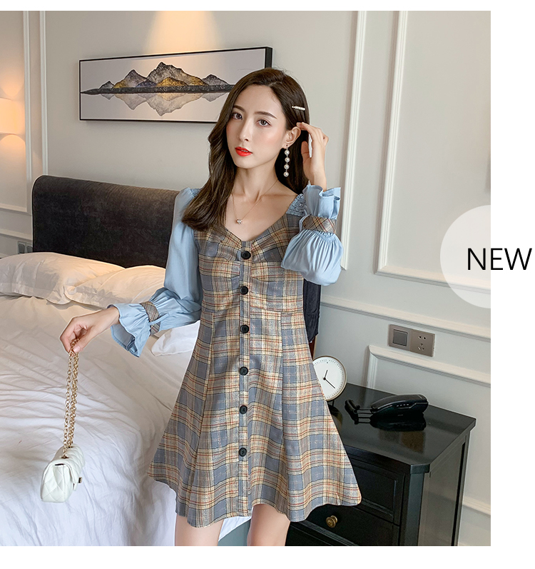 VK旗艦店 韓國風名媛格紋撞色拼接荷葉邊長袖洋裝