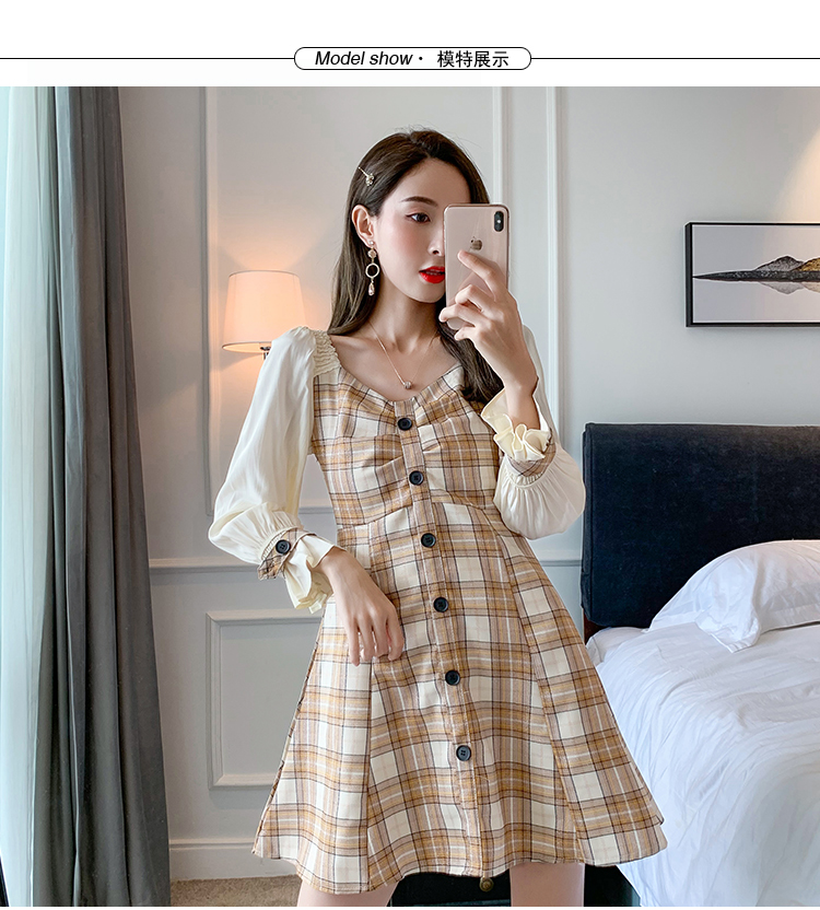 VK旗艦店 韓國風名媛格紋撞色拼接荷葉邊長袖洋裝