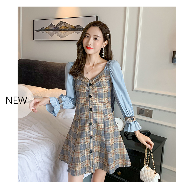 VK旗艦店 韓國風名媛格紋撞色拼接荷葉邊長袖洋裝