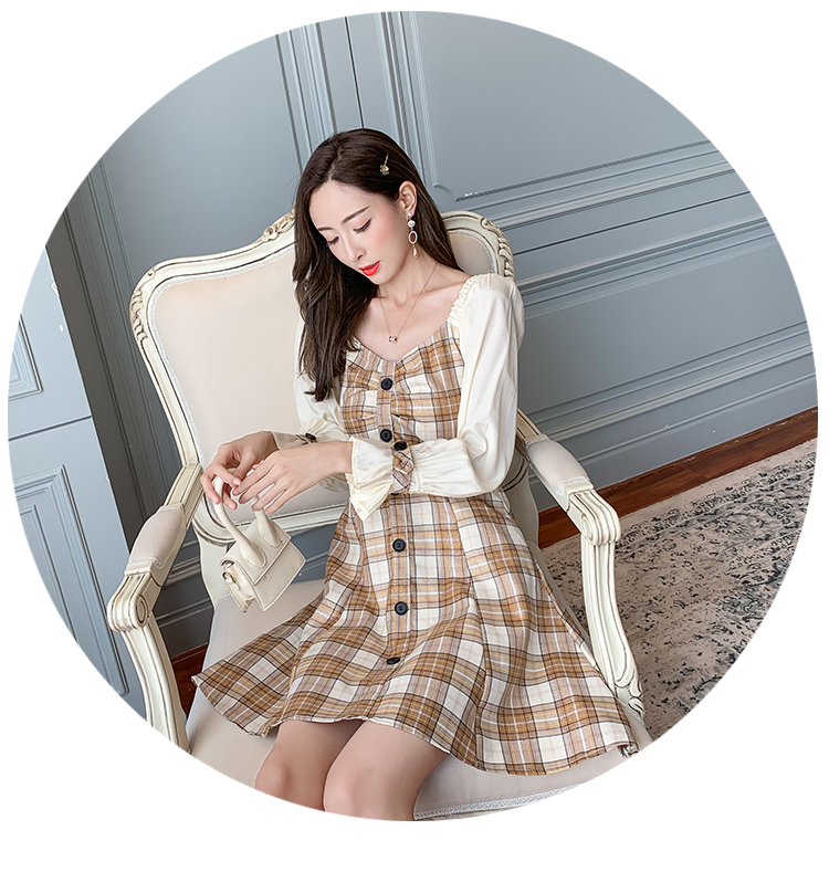 VK旗艦店 韓國風名媛格紋撞色拼接荷葉邊長袖洋裝