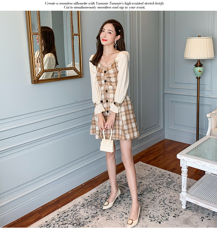 VK旗艦店 韓國風名媛格紋撞色拼接荷葉邊長袖洋裝