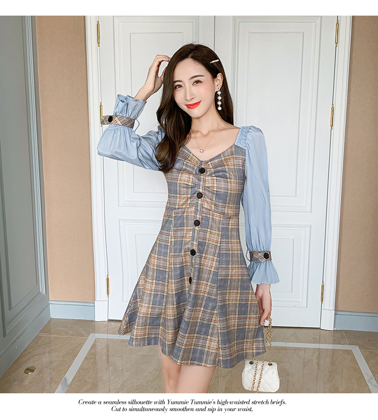 VK旗艦店 韓國風名媛格紋撞色拼接荷葉邊長袖洋裝