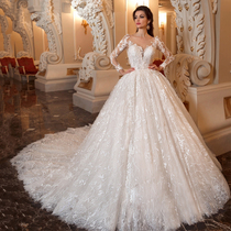 2021 new one-shoulder long-sleeved lace long tail forest fairy luxury high-end custom bridal main wedding dress