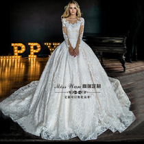 2021 new long-sleeved one-shoulder long tail lace tutu wedding dress high-end custom thin ceremony yarn