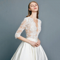 2021 new bride female simple long-sleeved lace satin one-shoulder luxury big tail main wedding dress customization