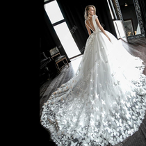 2021 spring new luxury butterfly petal V-neck shoulder bag large tail European and American style bridal ceremony wedding wedding dress