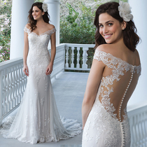 2021 new word shoulder luxury lace long tail bridal ceremony travel fishtail high-end custom thin wedding dress